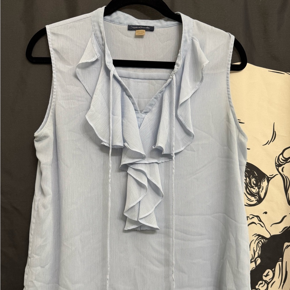 Tommy Hilfiger Light Blue Ruffle V-Neck Sleeveless Blouse